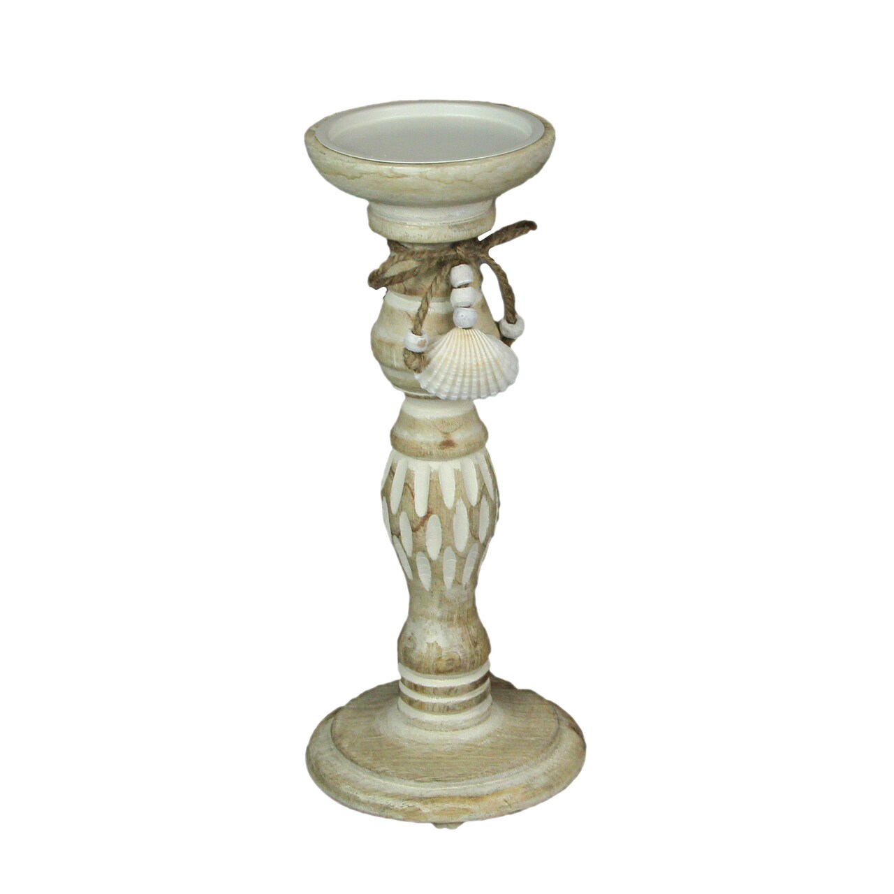 11 Inch Wood Pedestal Candle Holder Rustic White Washed Pillar With Sea Shells